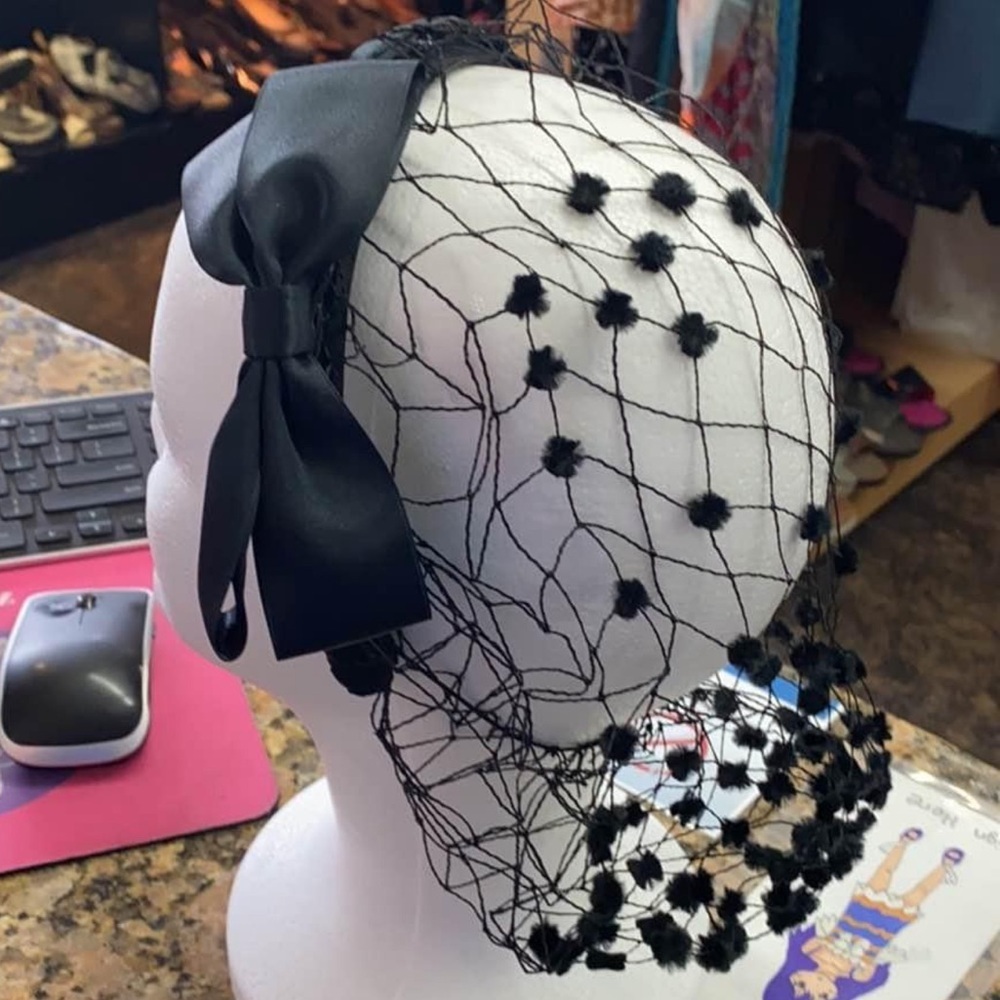 Whittall & Shon Black Fascinator Headband with Bow & Net Veil
